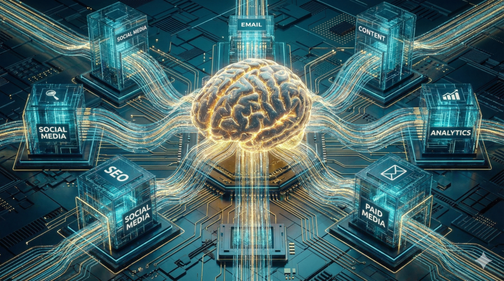 Digital brain connecting various marketing channels
