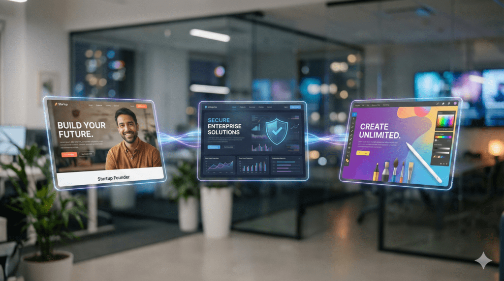 Three digital screens showcasing  Performance Marketing services.