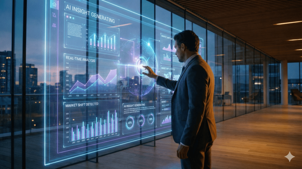 Person interacting with digital analytics display.