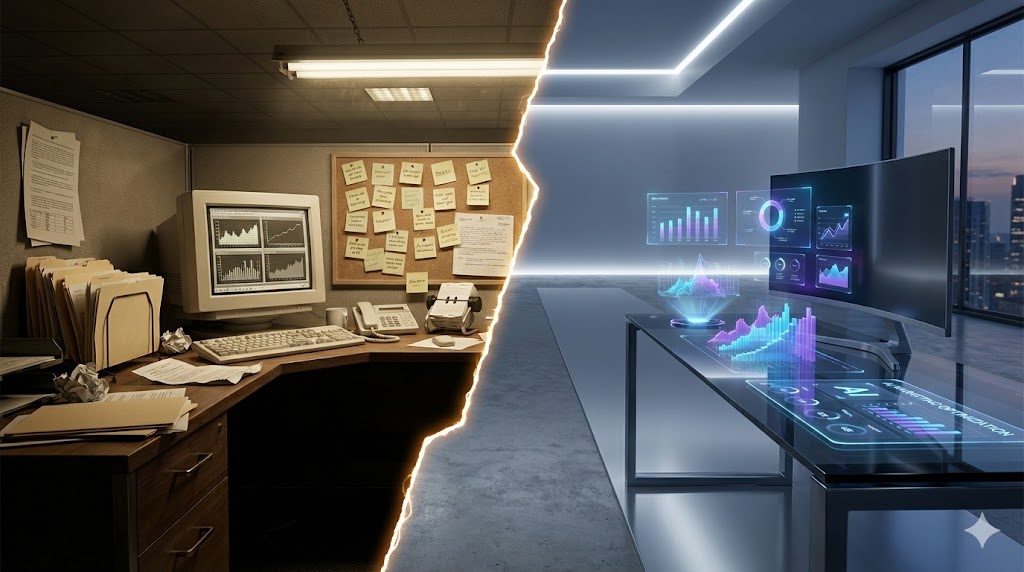 Contrasting old and modern workspaces.- AI led predictive analytics targeting 