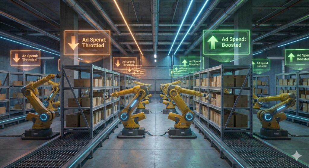 E-commerce Transformation (USA): Reduced CPA by 22% within 60 days by implementing Predictive ROI Modeling to shift budget toward high-intent segments Robots managing inventory with AI ad metrics