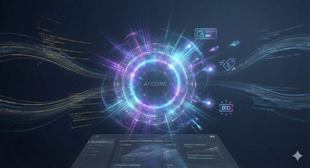 E-commerce Transformation (USA): Reduced CPA by 22% within 60 days by implementing Predictive ROI Modeling to shift budget toward high-intent segments Abstract visualization of AI technology